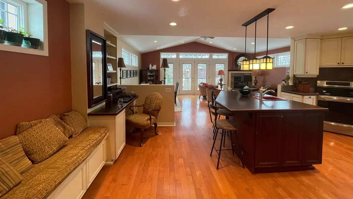 Open-concept kitchen, dining and living space